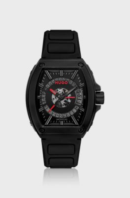 #HUGO ID Semi-transparent-dial watch with silicone strap, Black