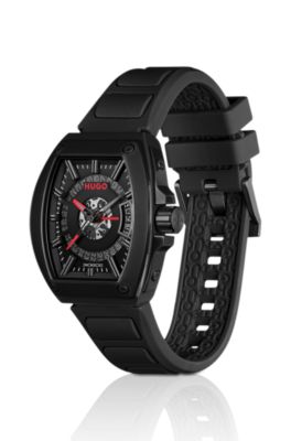#HUGO ID Semi-transparent-dial watch with silicone strap, Black