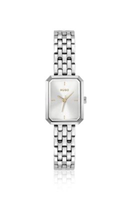 Montre rectangulaire en acier inoxydable &agrave; cadran blanc argent&eacute;, Couleur argent&eacute;e