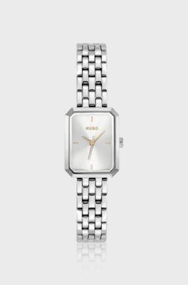 Montre rectangulaire en acier inoxydable &agrave; cadran blanc argent&eacute;, Couleur argent&eacute;e