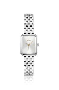 Reloj rectangular de acero inoxidable con esfera blanca plateada, Tono plateado