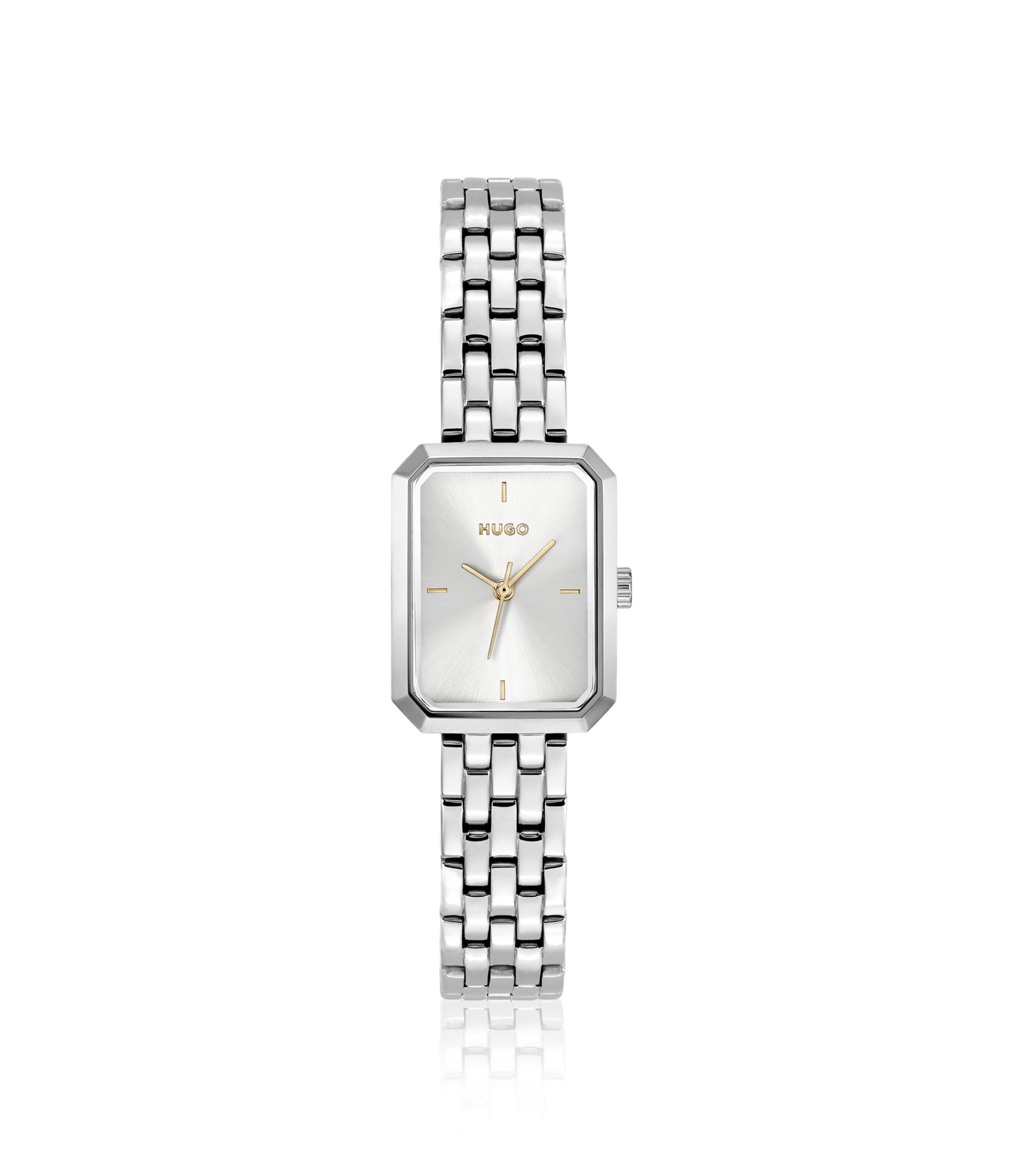 Rechteckige Uhr aus Edelstahl mit silber-weißem Zifferblatt