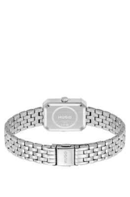 Rectangular stainless-steel watch with silver-white dial , Silver tone