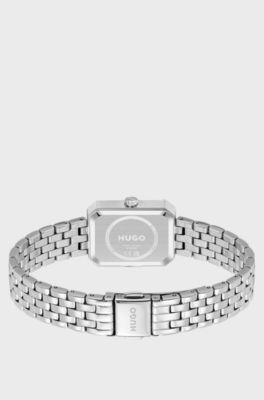 Rectangular stainless-steel watch with silver-white dial , Silver tone
