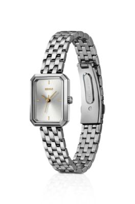 Rectangular stainless-steel watch with silver-white dial , Silver tone