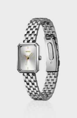 Reloj rectangular de acero inoxidable con esfera blanca plateada, Tono plateado