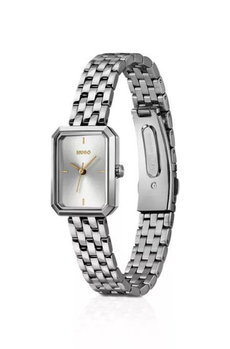 Rectangular stainless-steel watch with silver-white dial