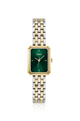 Rectangular two-tone watch with green dial, Gold tone