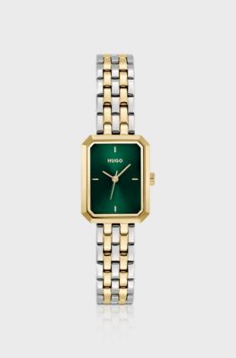Rectangular two-tone watch with green dial, Gold tone