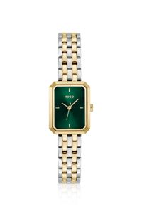 Reloj rectangular en dos tonos con esfera verde, Tono dorado