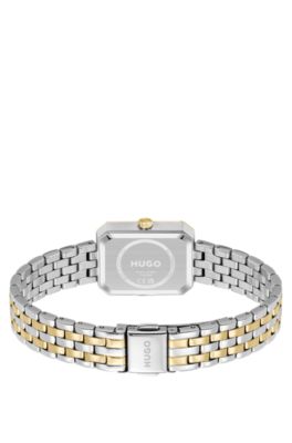 Rectangular two-tone watch with green dial, Gold tone