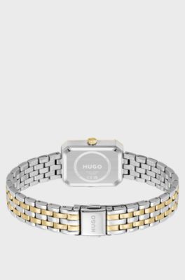 Rectangular two-tone watch with green dial, Gold tone