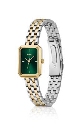 Rectangular two-tone watch with green dial, Gold tone