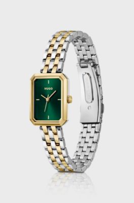 Rectangular two-tone watch with green dial, Gold tone