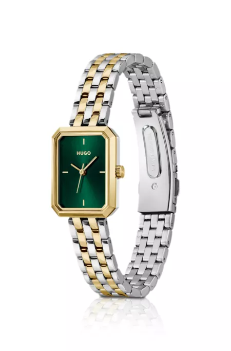 Rectangular two-tone watch with green dial