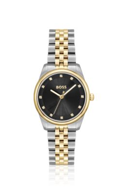 Black-dial watch with two-tone bracelet, Silver tone