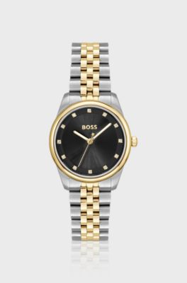 Black-dial watch with two-tone bracelet, Silver tone