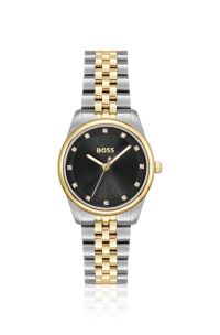 Orologio con quadrante nero e bracciale bicolore, Color argento