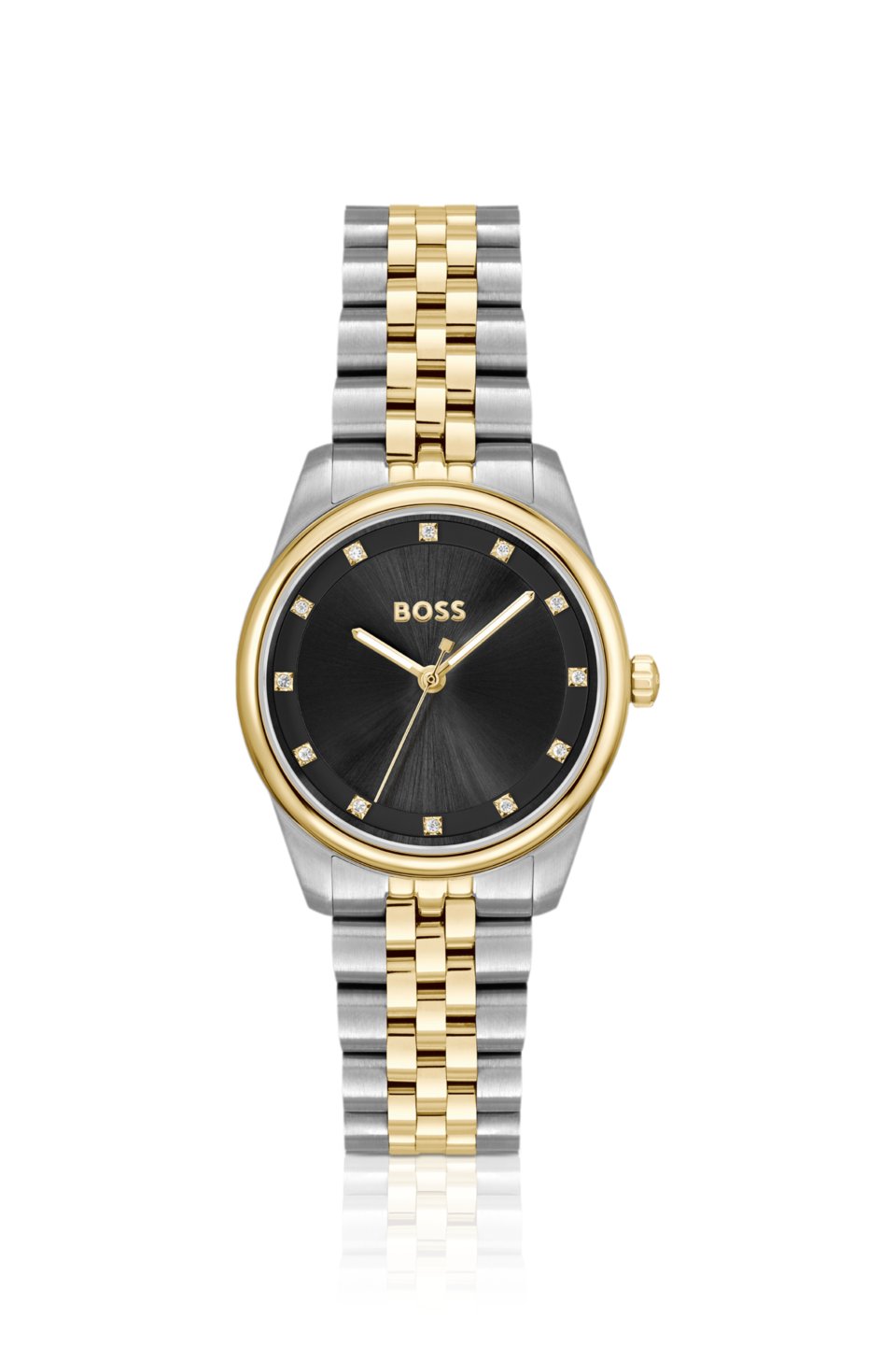 Black-dial watch with two-tone bracelet