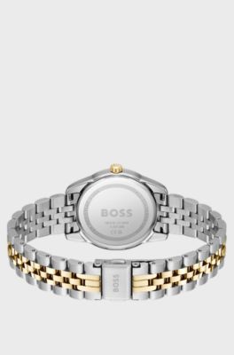 Black-dial watch with two-tone bracelet, Silver tone