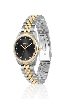 Black-dial watch with two-tone bracelet, Silver tone