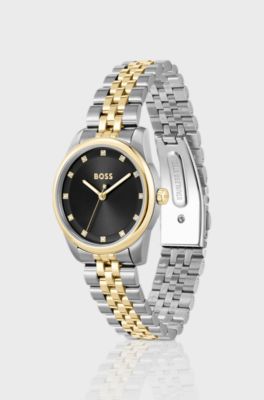Black-dial watch with two-tone bracelet, Silver tone