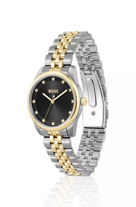Black-dial watch with two-tone bracelet