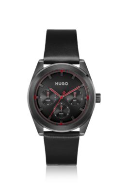 #BRIGHT SPORT Black-plated watch with tonal leather strap, Black