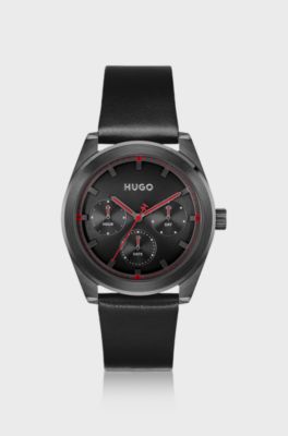 Schwarze beschichtete Uhr mit tonalem Lederarmband, Schwarz