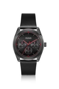 #BRIGHT SPORT Black-plated watch with tonal leather strap, Black