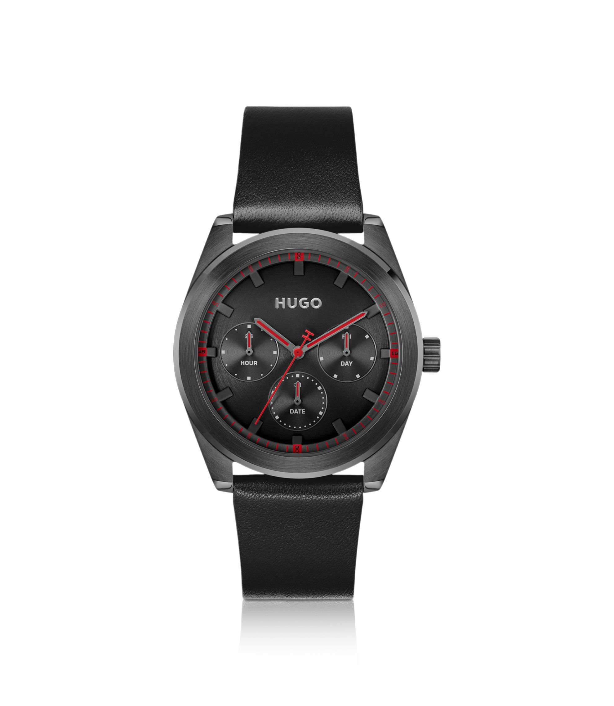 Schwarze beschichtete Uhr mit tonalem Lederarmband