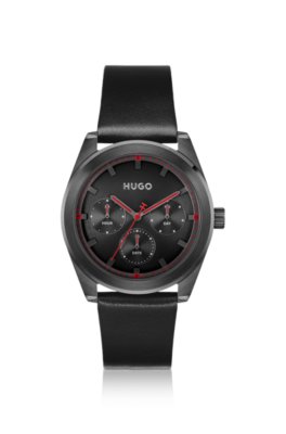 #BRIGHT SPORT Black-plated watch with tonal leather strap