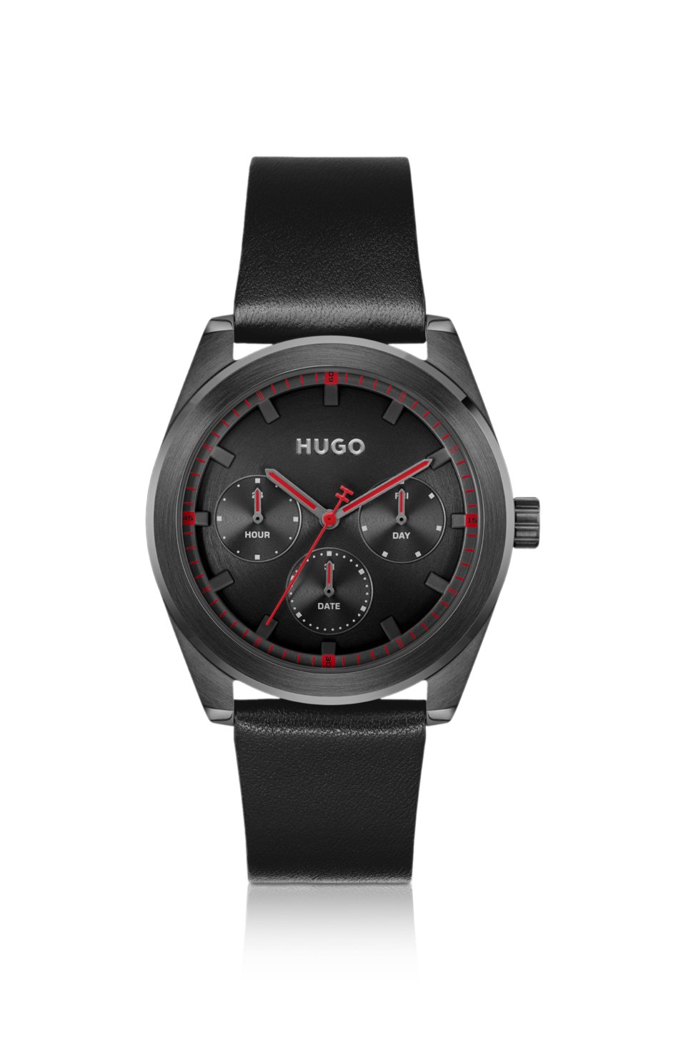 #BRIGHT SPORT Black-plated watch with tonal leather strap