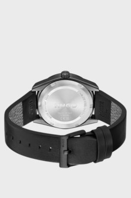#BRIGHT SPORT Black-plated watch with tonal leather strap, Black