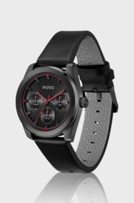 #BRIGHT SPORT Black-plated watch with tonal leather strap, Black