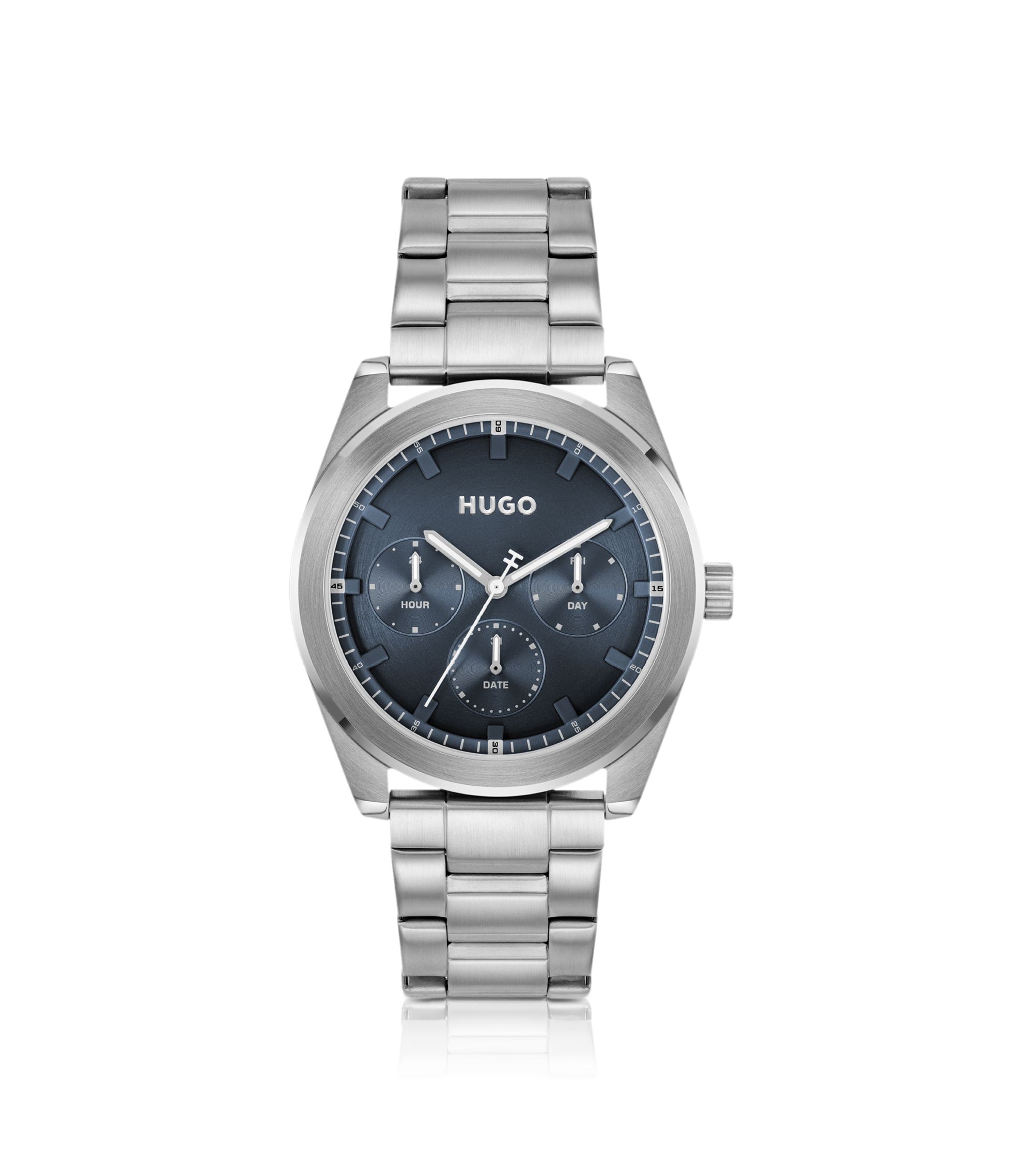 Uhr mit blauem Zifferblatt und Edelstahlarmband