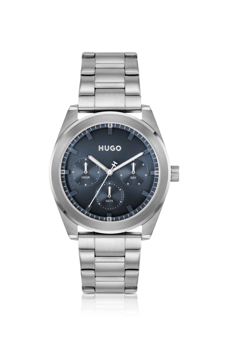 Blue-dial watch with stainless-steel bracelet