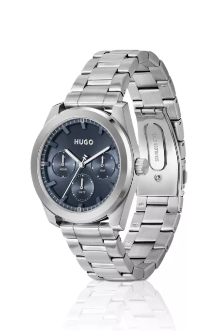 Blue-dial watch with stainless-steel bracelet