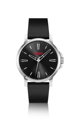 Black-dial watch with leather strap, Black