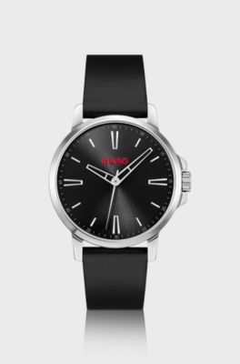 Black-dial watch with leather strap, Black