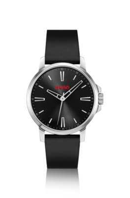 Black-dial watch with leather strap