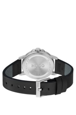 Black-dial watch with leather strap, Black
