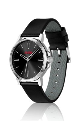 Black-dial watch with leather strap, Black