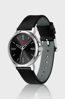 Black-dial watch with leather strap, Black