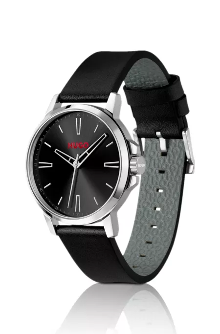 Black-dial watch with leather strap