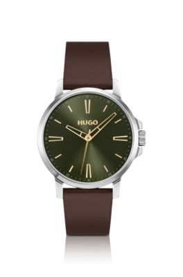 Olive-dial watch with brown leather strap, Dark Brown