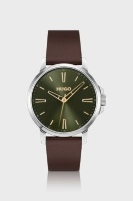 Olive-dial watch with brown leather strap, Dark Brown