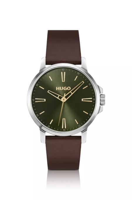 Olive-dial watch with brown leather strap