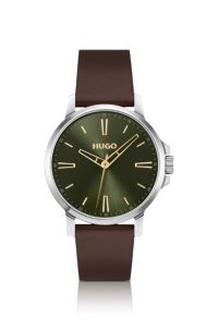 Olive-dial watch with brown leather strap, Dark Brown