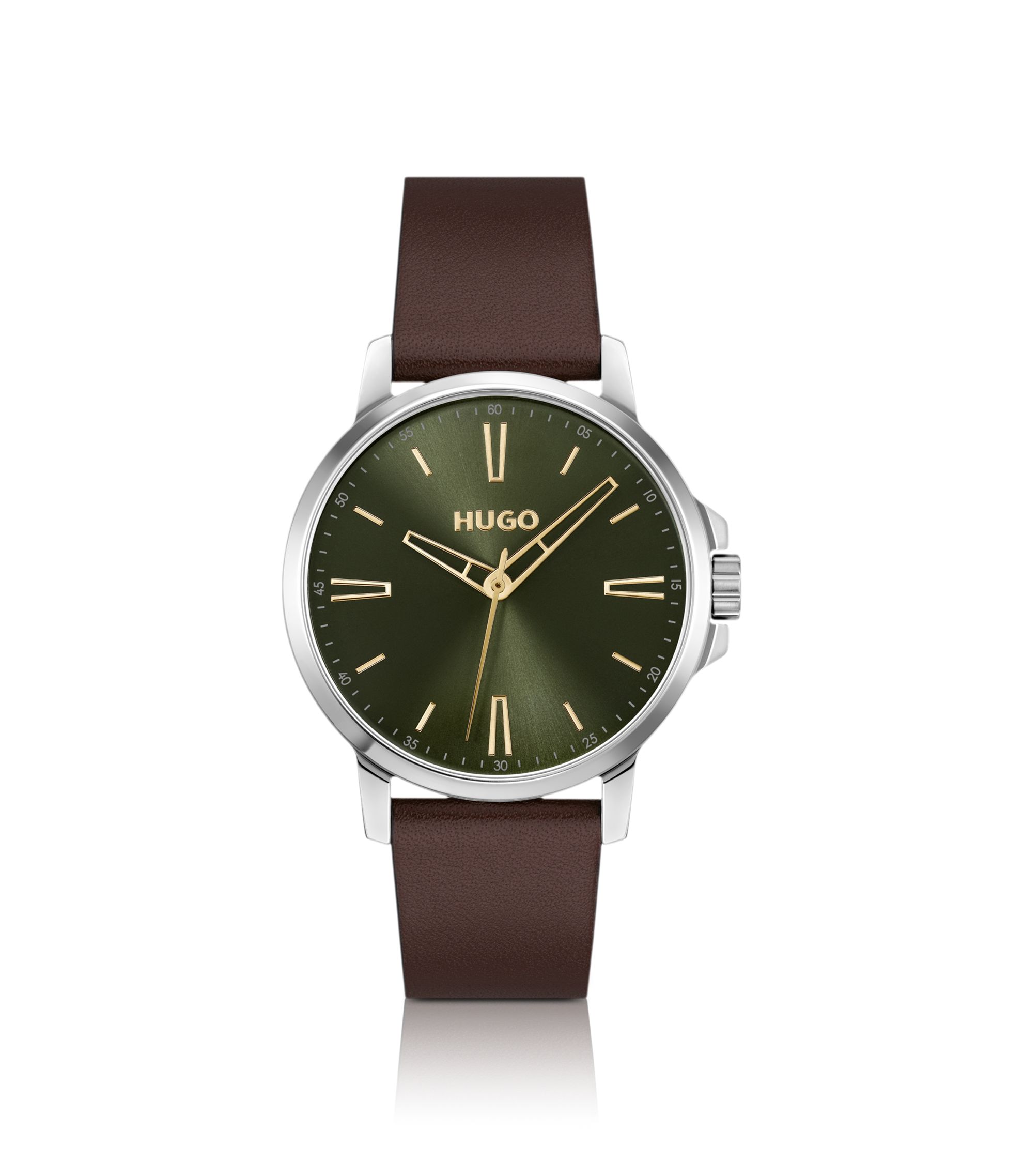 Uhr mit olivgrünem Zifferblatt und braunem Lederarmband